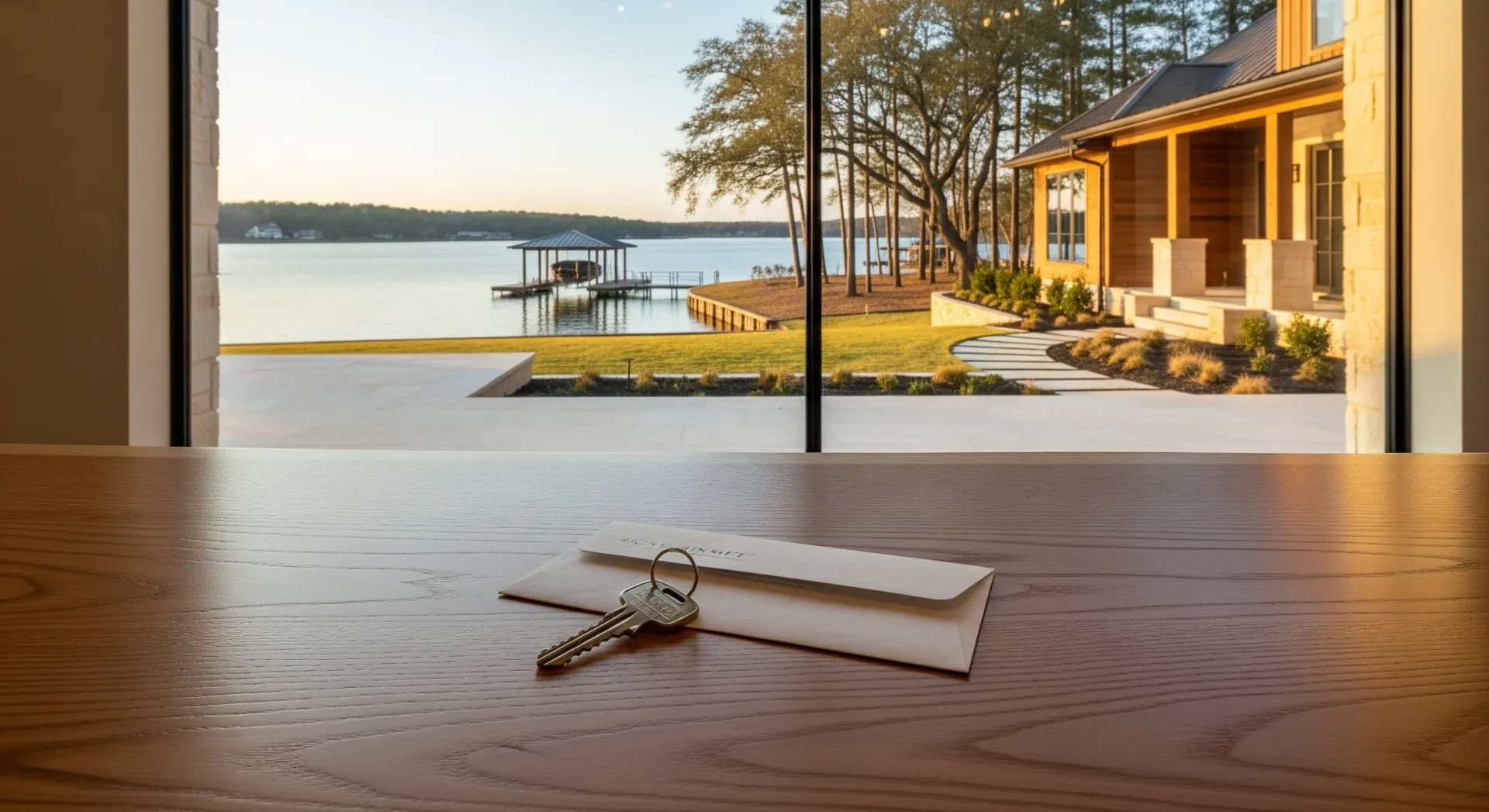 A house key rests on an envelope on a wooden table, with a view of a lake and house through a large window.