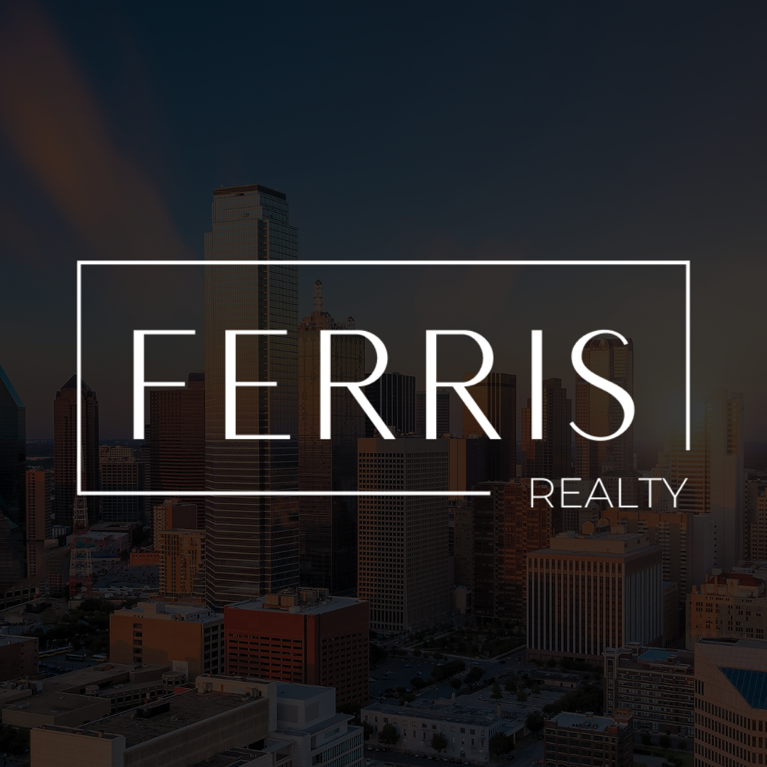 A logo for ferris realty with a city skyline in the background