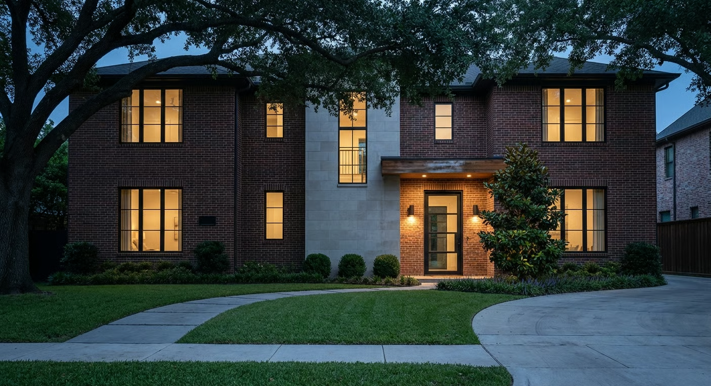 A two-story brick and stone house at dusk, with glowing windows and a lit entry, surrounded by a lawn and mature trees.