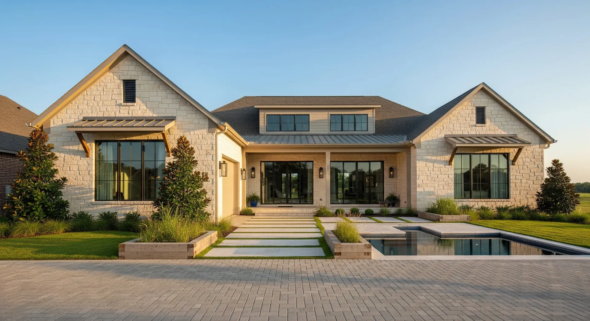 A modern stone house with a symmetrical facade, large windows, and a front reflecting pool under a clear blue sky.