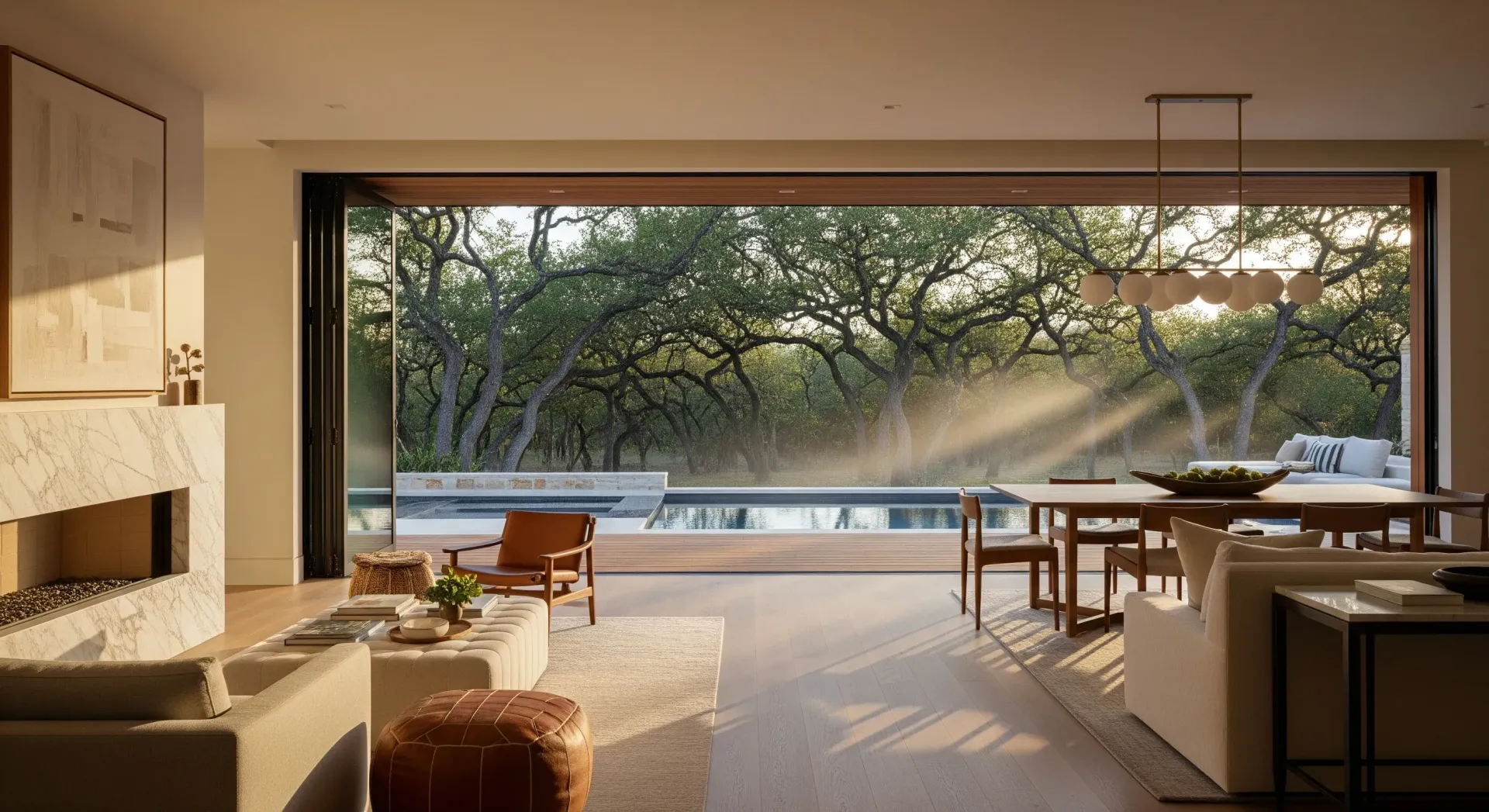 A modern, open-concept living area with a marble fireplace, dining table, and large glass walls overlooking a pool.