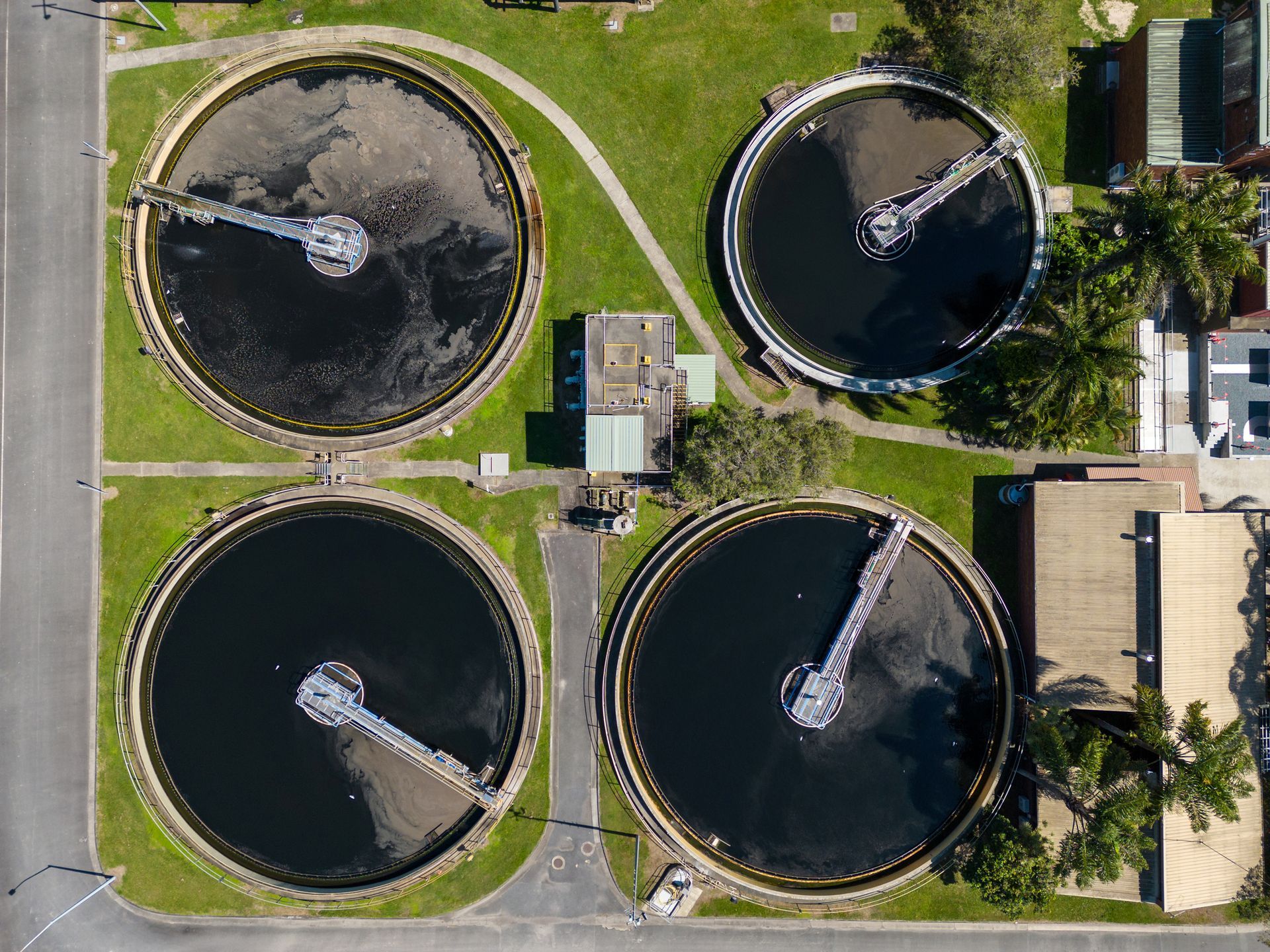 An aerial view of a sewage treatment plant