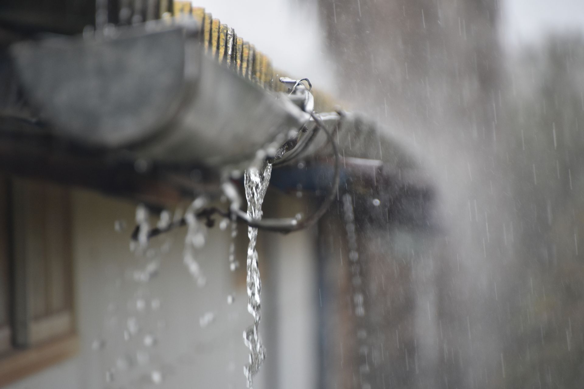 Water is pouring out of a gutter on a rainy day.