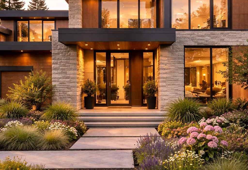 A modern luxury home with stacked stone walls, large glass windows, and a landscaped walkway at dusk.