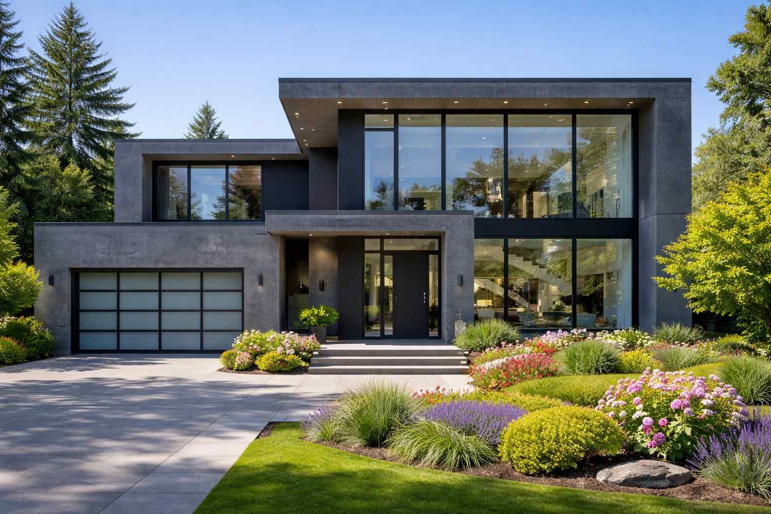 A modern, two-story gray concrete house with large glass windows, a garage, and a landscaped front garden.