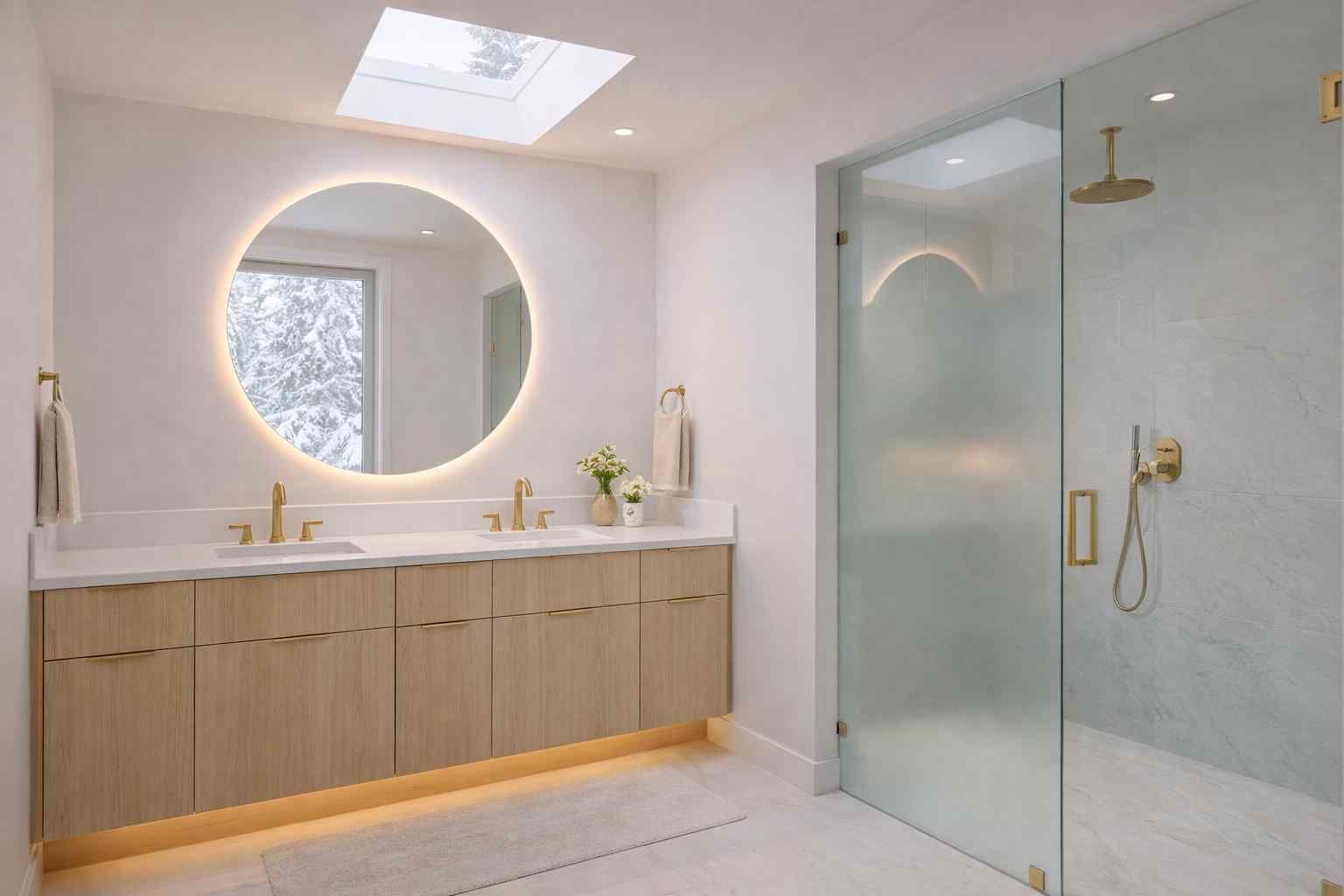 Modern bathroom with a wood vanity, gold fixtures, a circular backlit mirror, a skylight, and a walk-in glass shower.