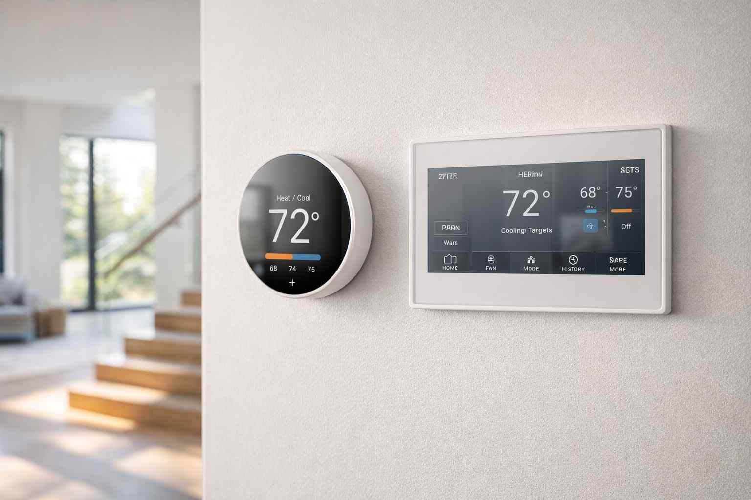 A circular smart thermostat and a rectangular touchscreen control panel mounted side-by-side on a white wall.