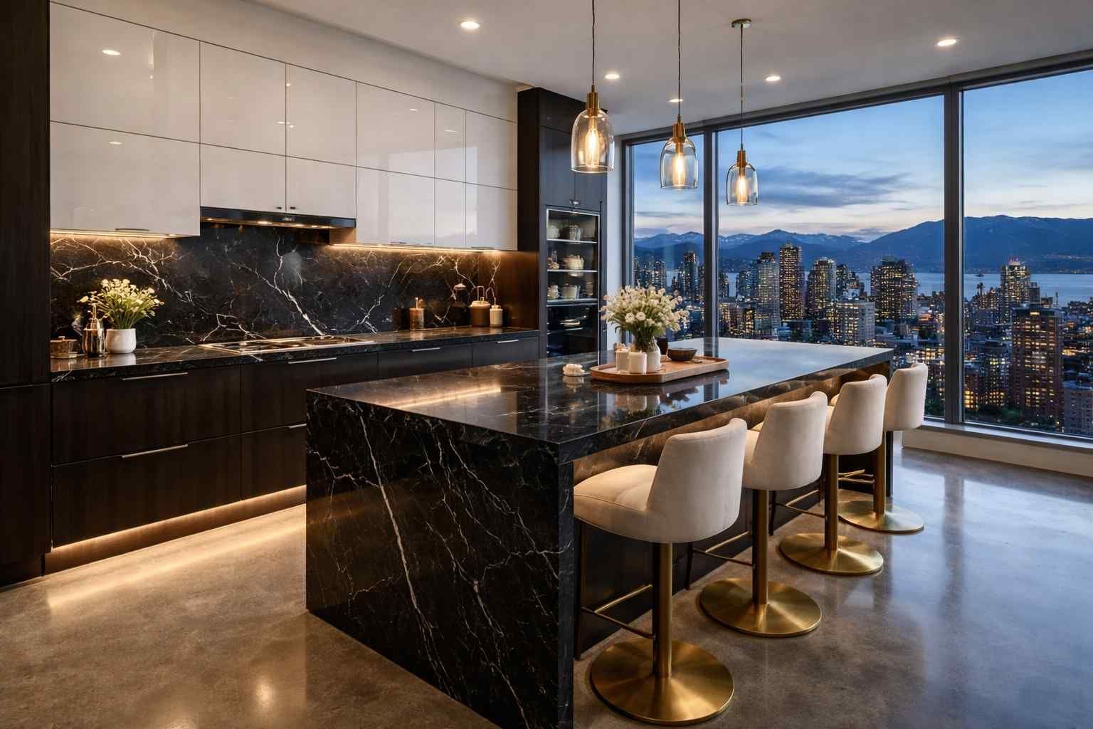 A modern kitchen with a black marble island, white cabinets, gold-accented bar stools, and a high-rise city view.