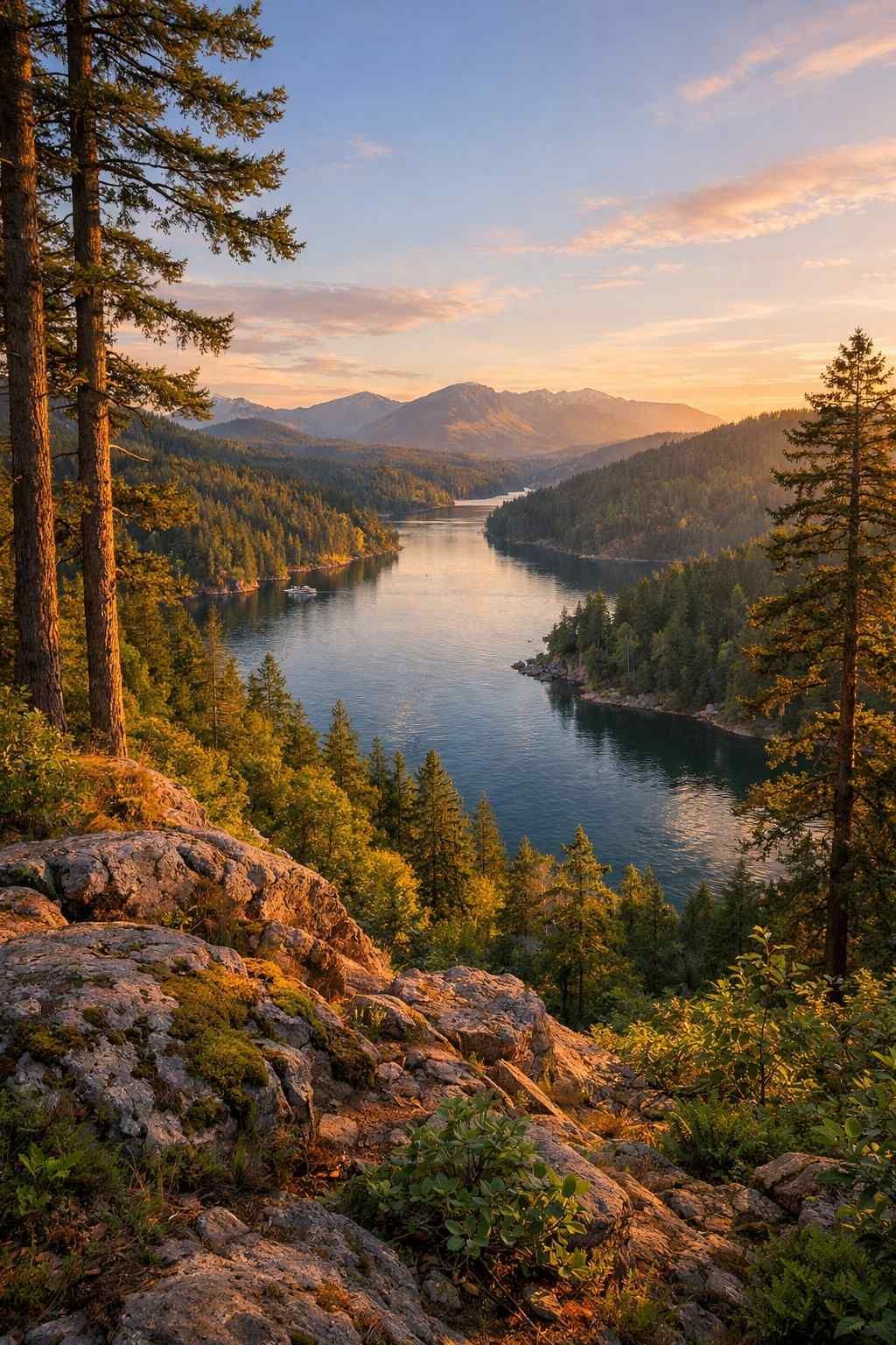 Sunlight hits a calm river winding through a forested mountain valley at sunset, viewed from a rocky cliff.