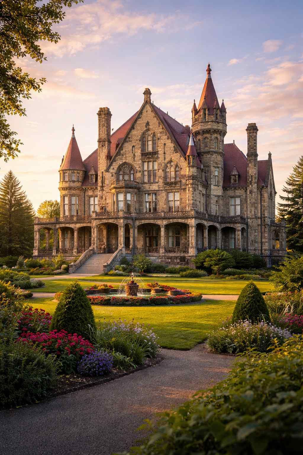 A historic stone mansion with pointed towers stands behind a lush garden with a fountain at sunset.