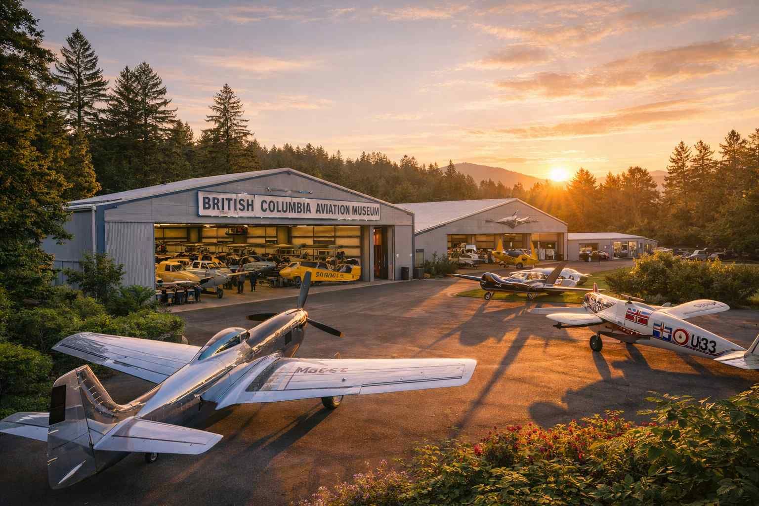 Small airplanes parked at the British Columbia Aviation Museum at sunset, with hangar doors open and pine trees behind.