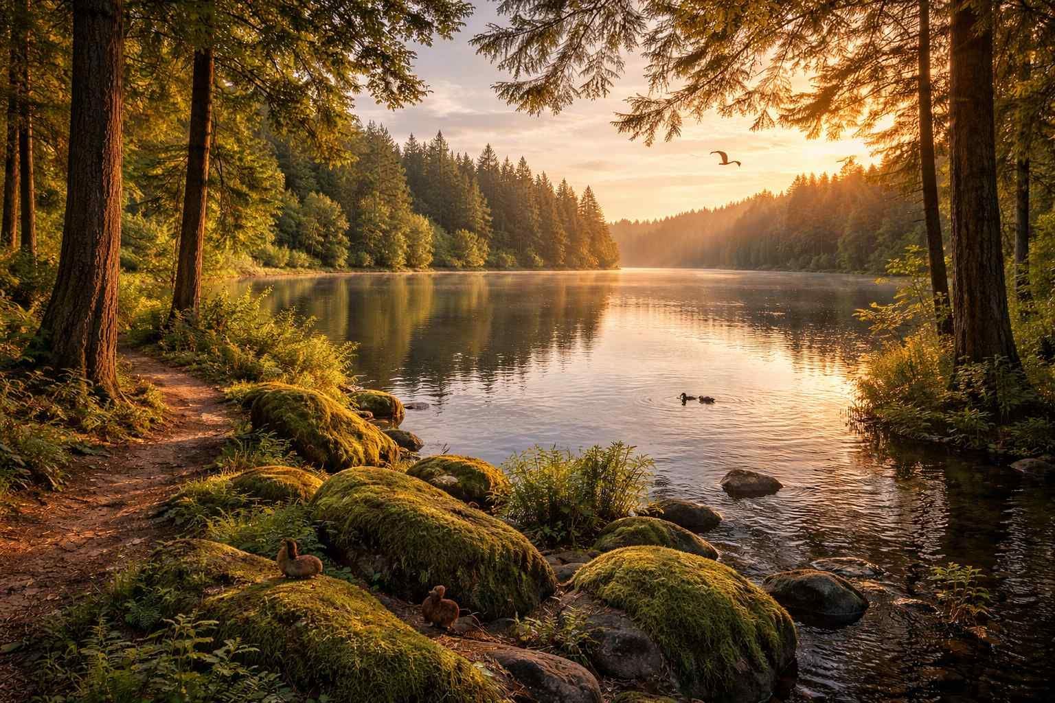 A calm lake surrounded by lush, moss-covered rocks and tall pine trees at sunset, with golden light reflecting on the water.
