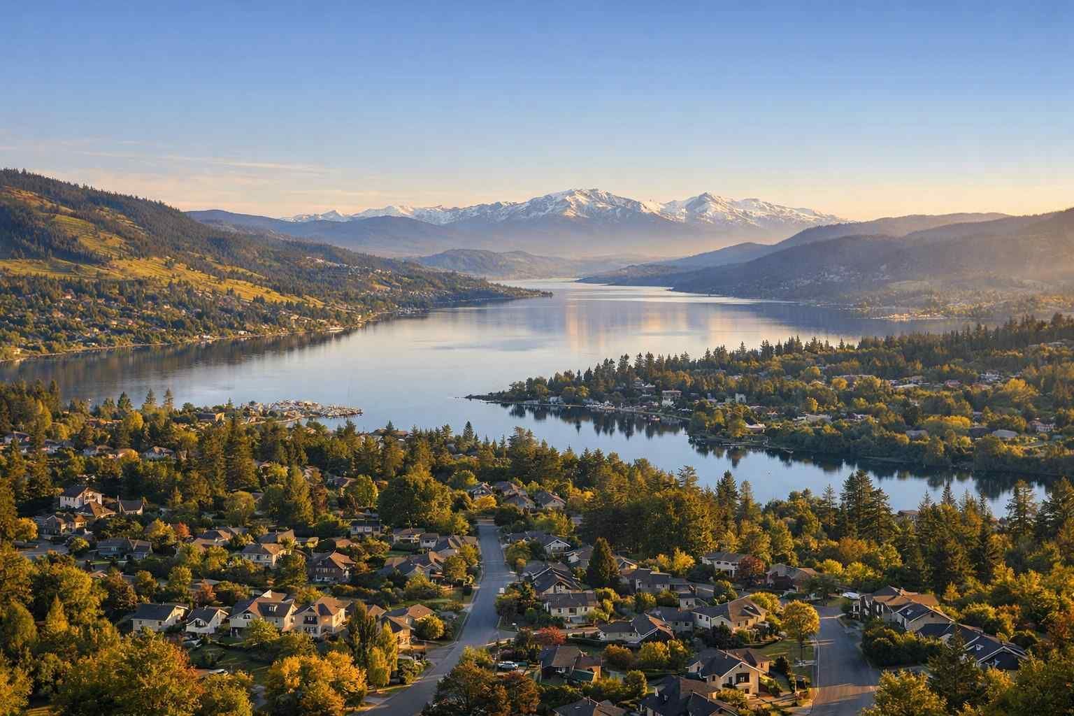 A suburban town sits along a calm lake, surrounded by autumn-colored trees and distant, snow-capped mountains at sunset.