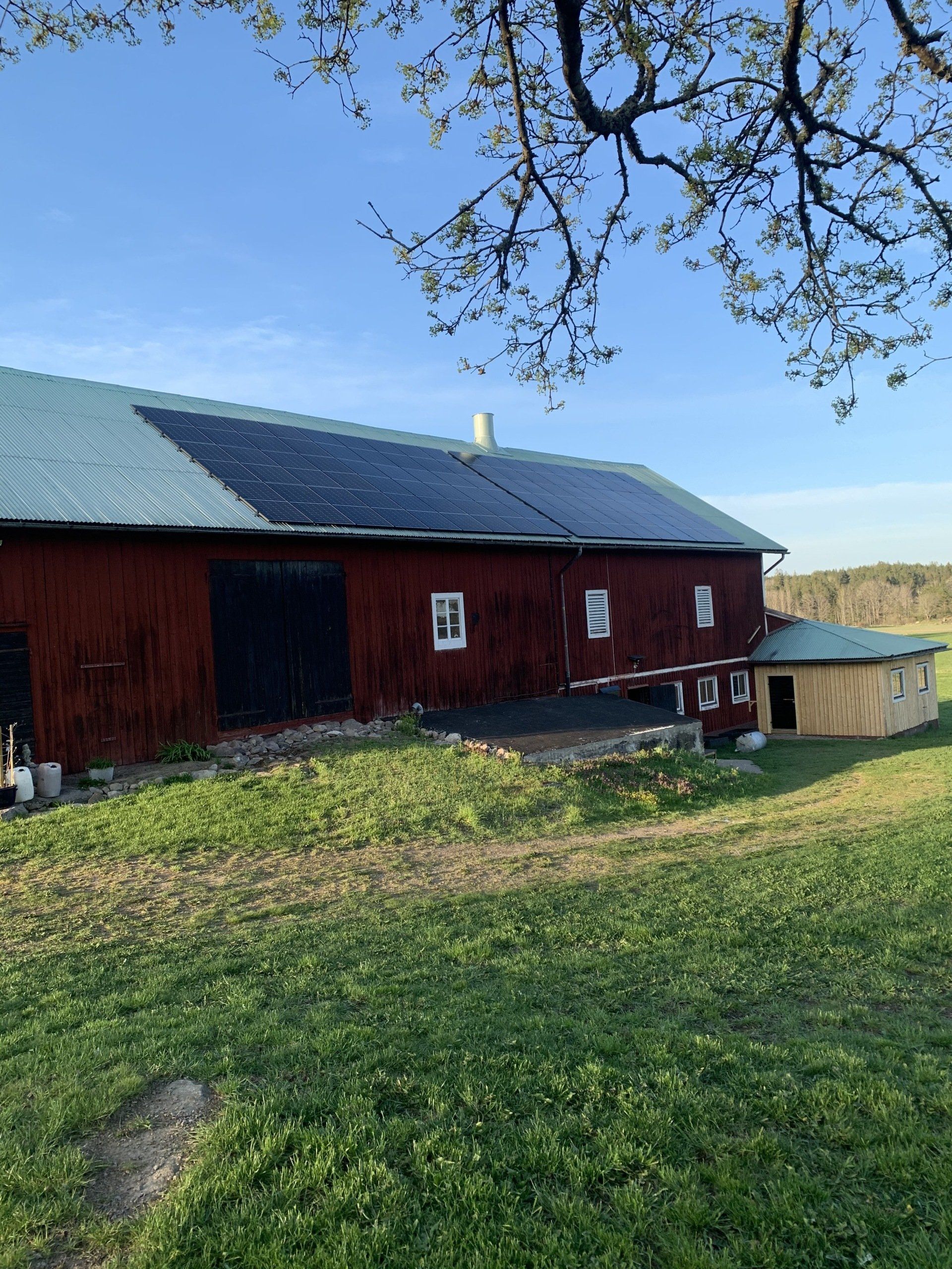 En röd ladugård med grönt tak står mitt på en gräsbevuxen åker.