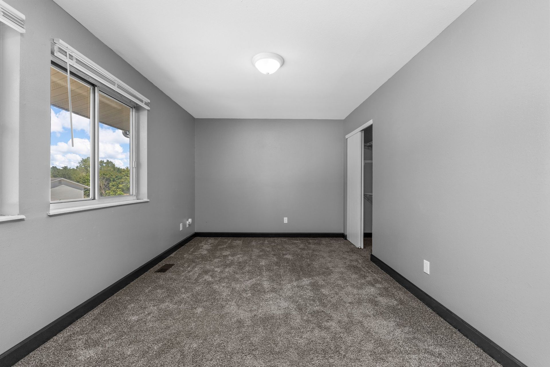 An empty room with a carpeted floor and two windows.