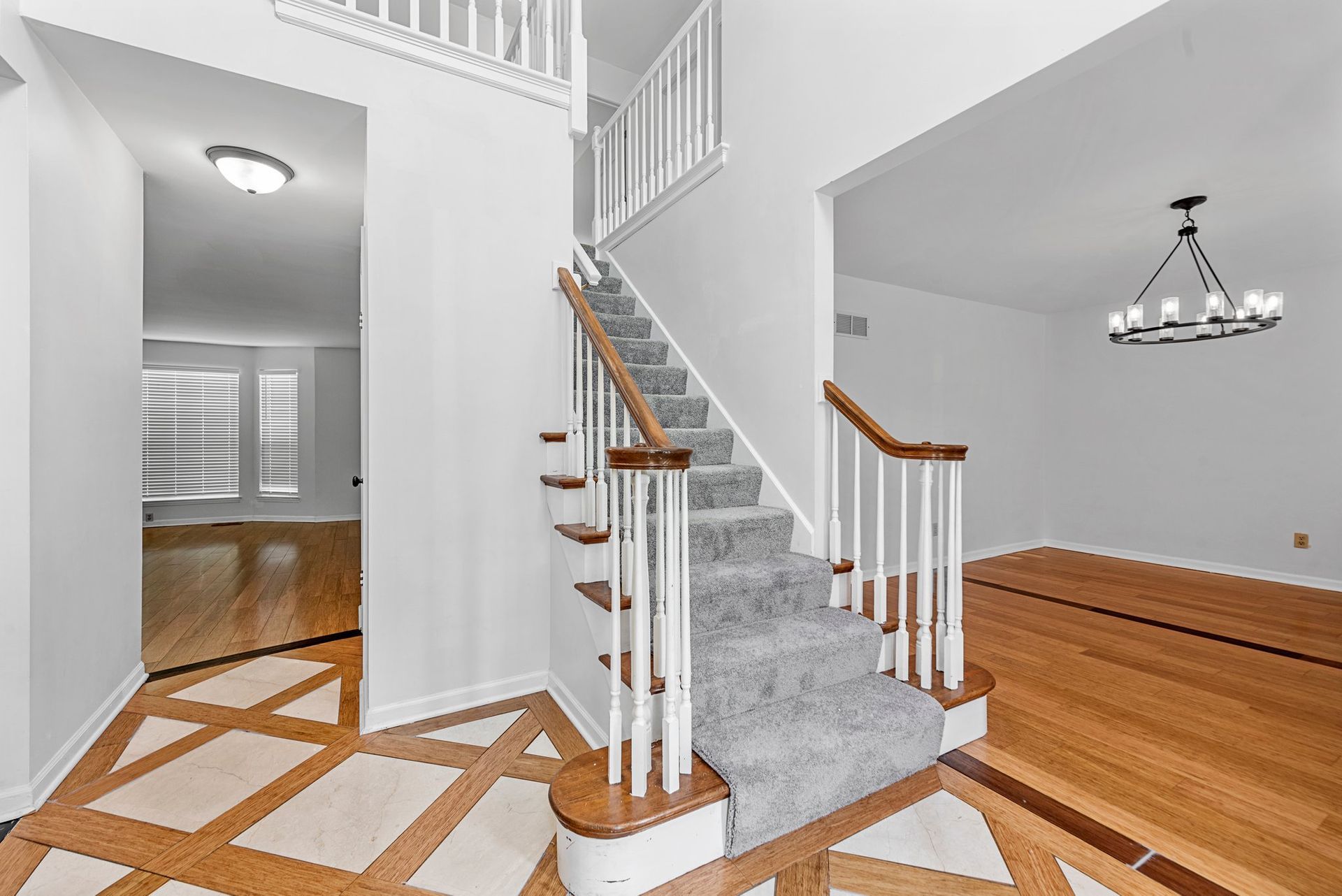 There is a staircase in the middle of the room.