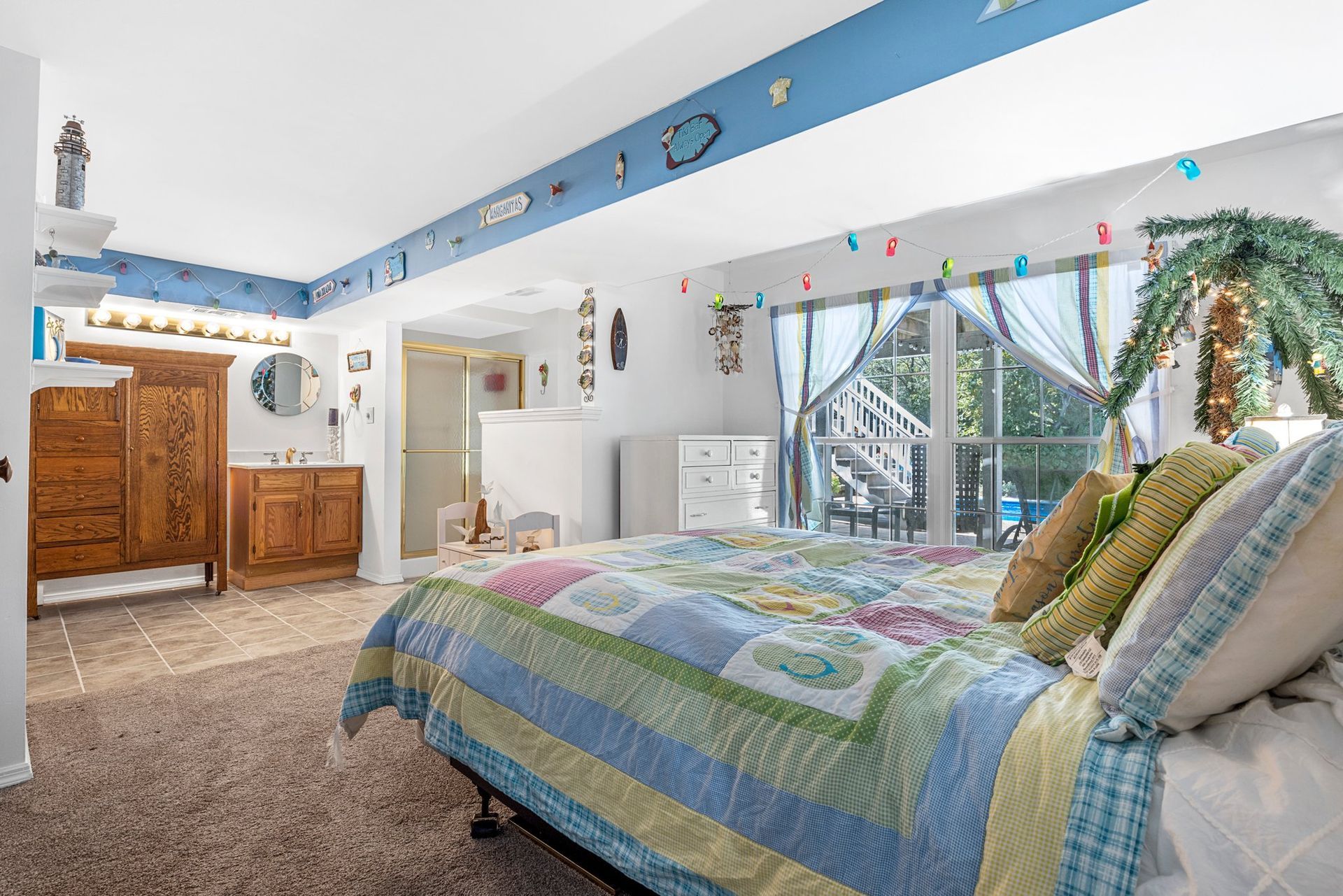 There is a large bed in the middle of the room.