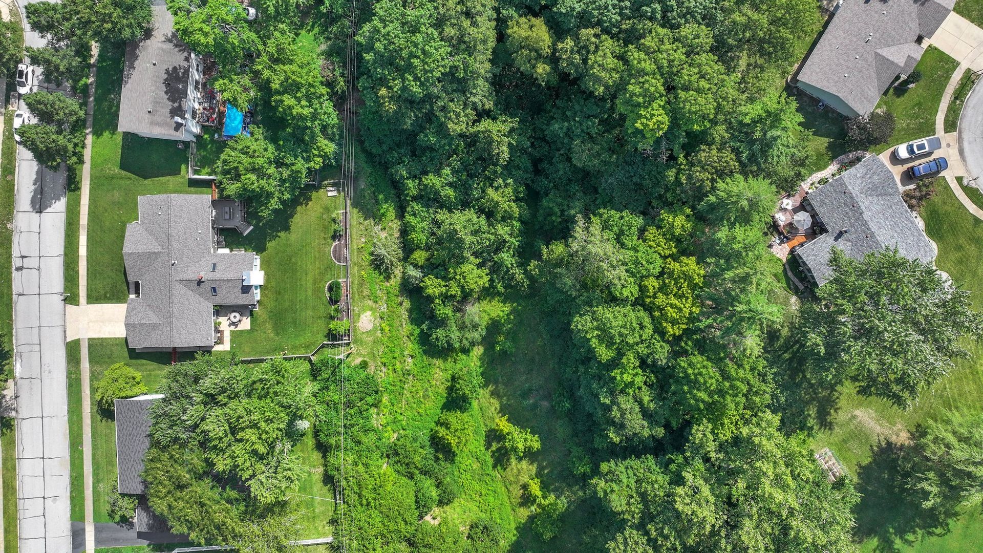 An aerial view of a residential neighborhood with houses and trees.