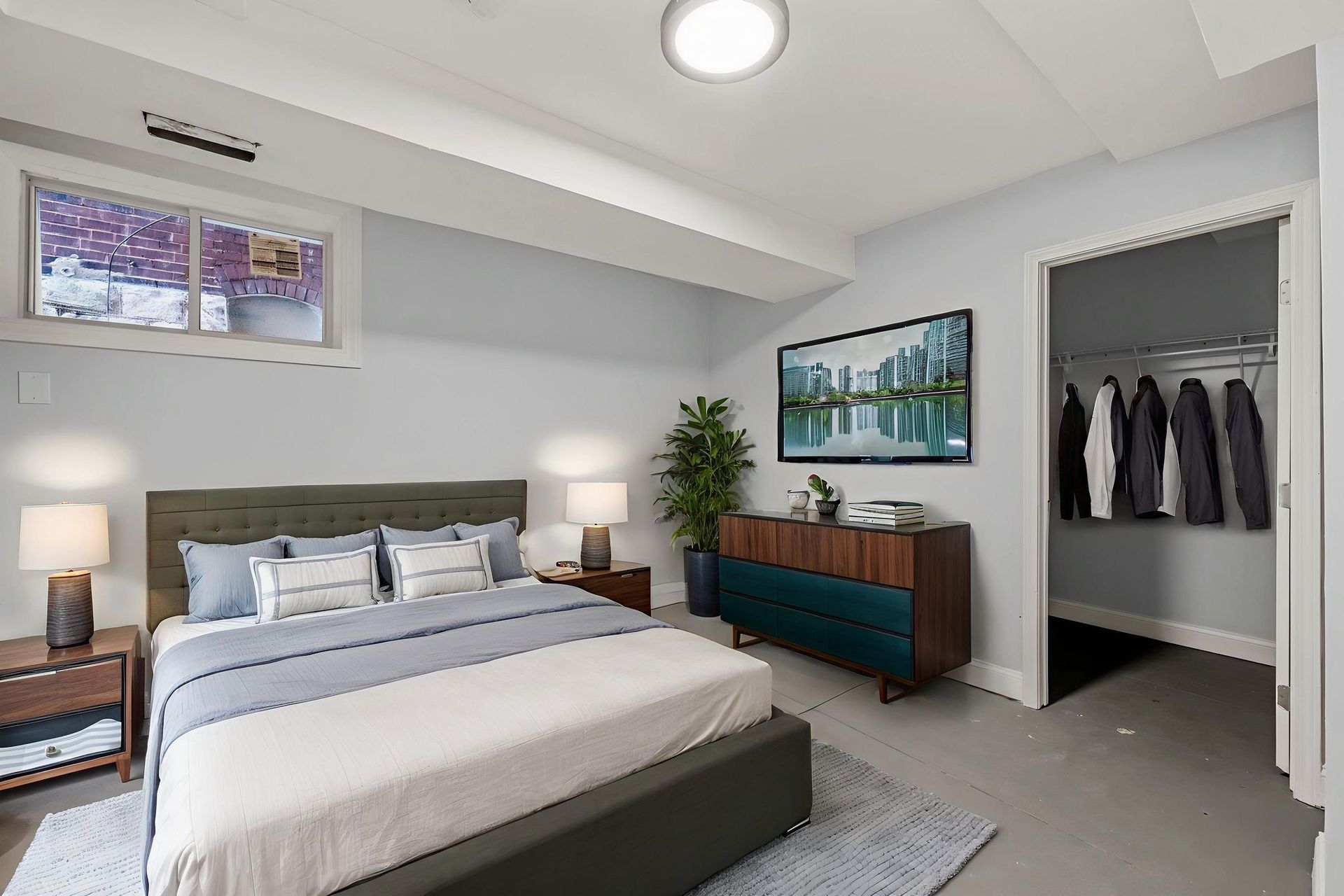 Bedroom with a bed, nightstands, dresser, closet, and a window; walls are painted light blue.