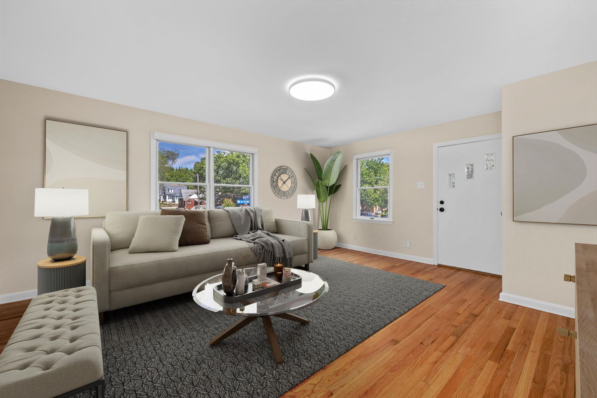 A living room with a couch and a coffee table