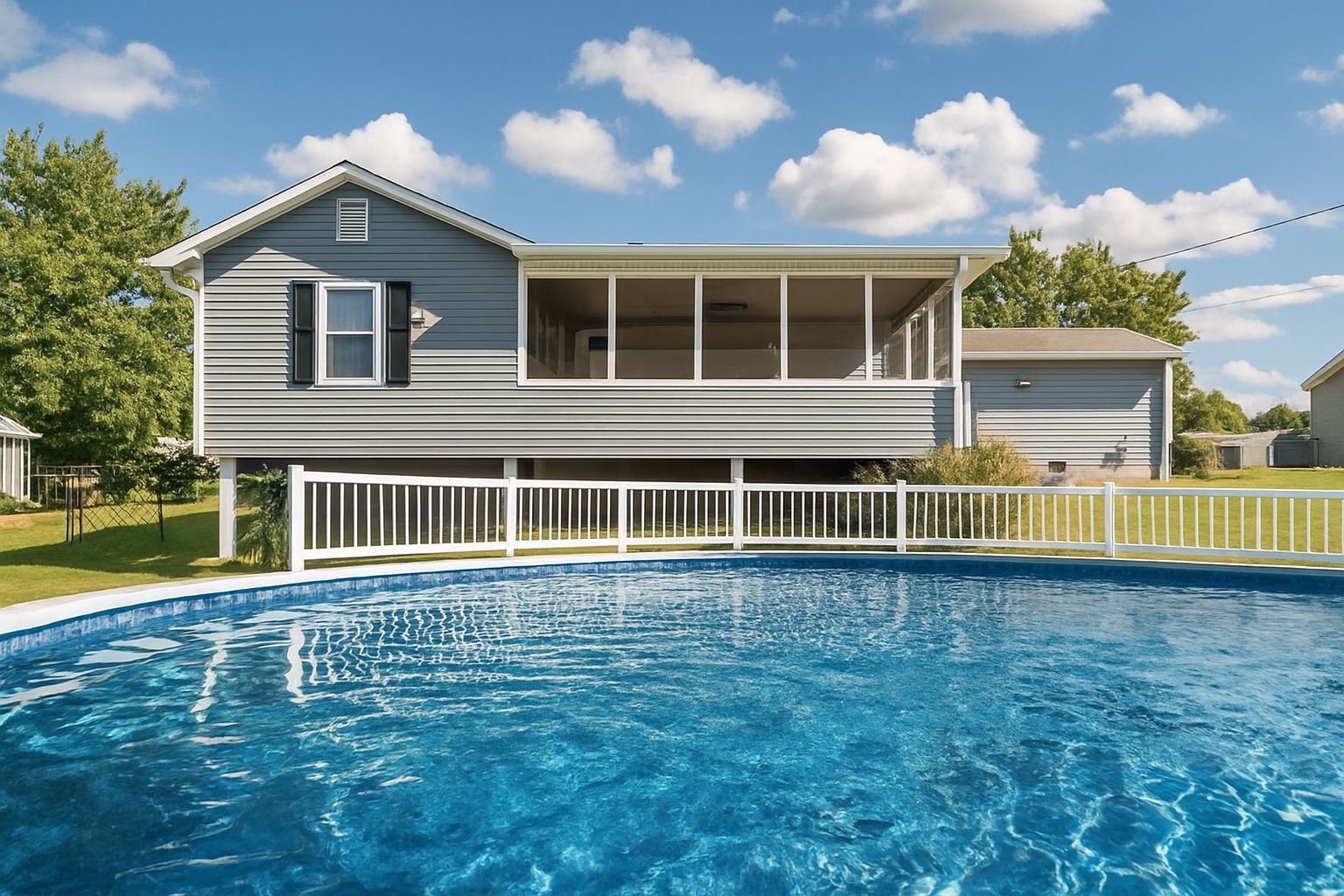 House with screened porch overlooking a blue, above-ground swimming pool under a partly cloudy sky.