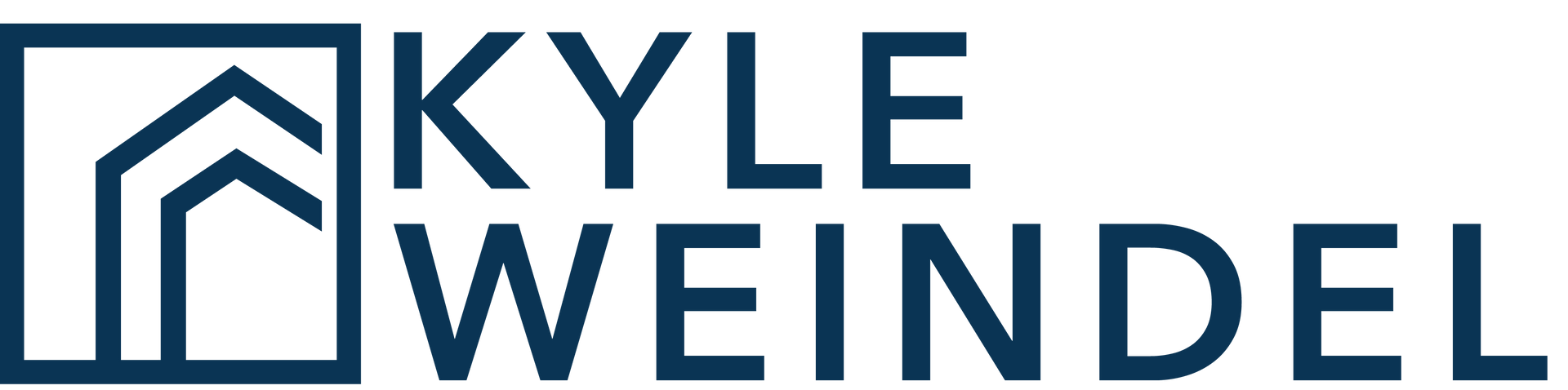 The kyle weindel logo is blue and white and has a house on it.