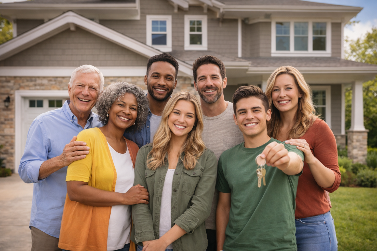 A smiling group stands in front of a house, with one person holding up a set of keys.