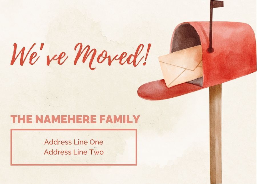 A red mailbox with an envelope in it and the words `` we 've moved ! ''