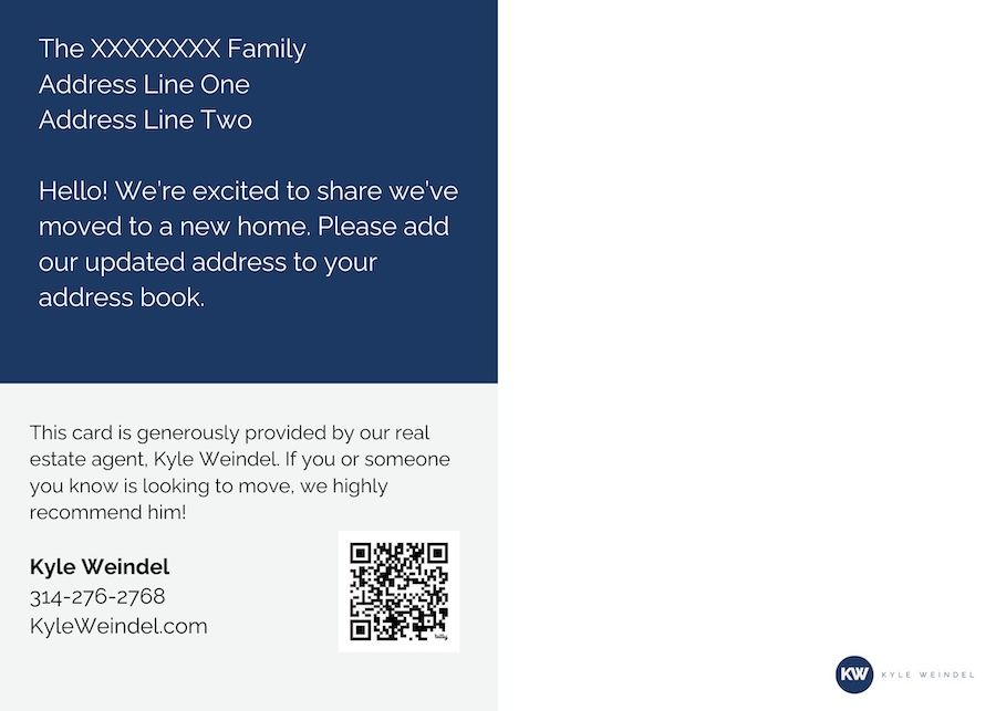 A blue and white postcard with a qr code on it.