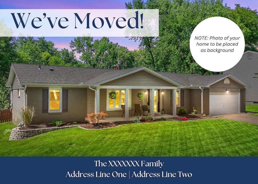 A postcard that says `` we 've moved '' with a picture of a house.