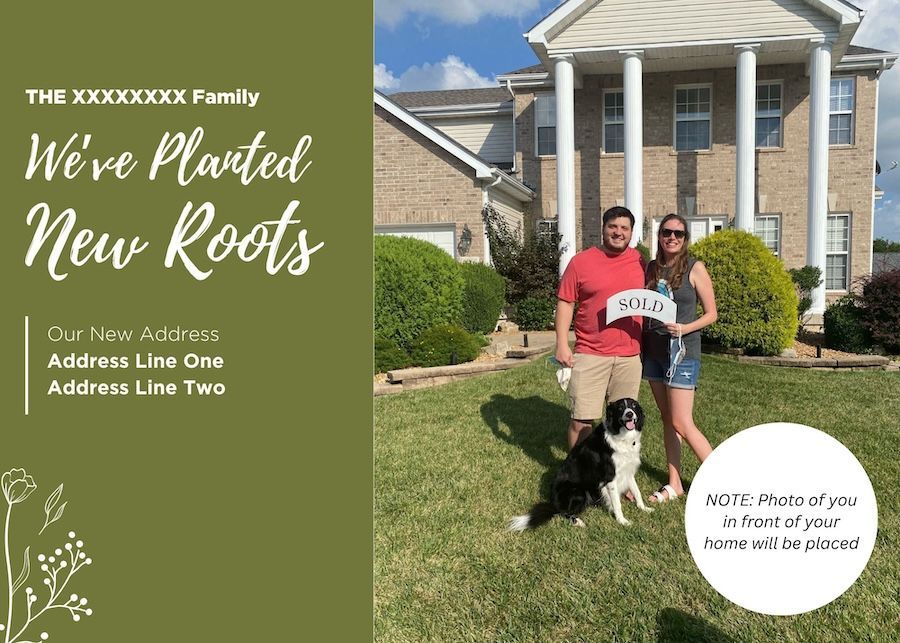 A couple and their dog are standing in front of a house.
