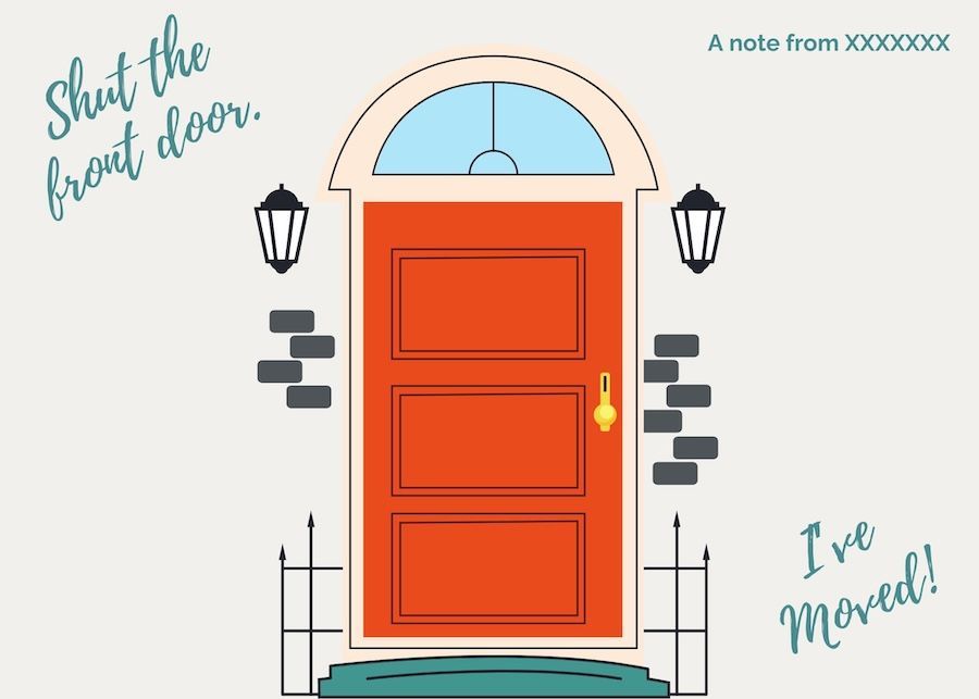 A red door with a note that says shut the front door