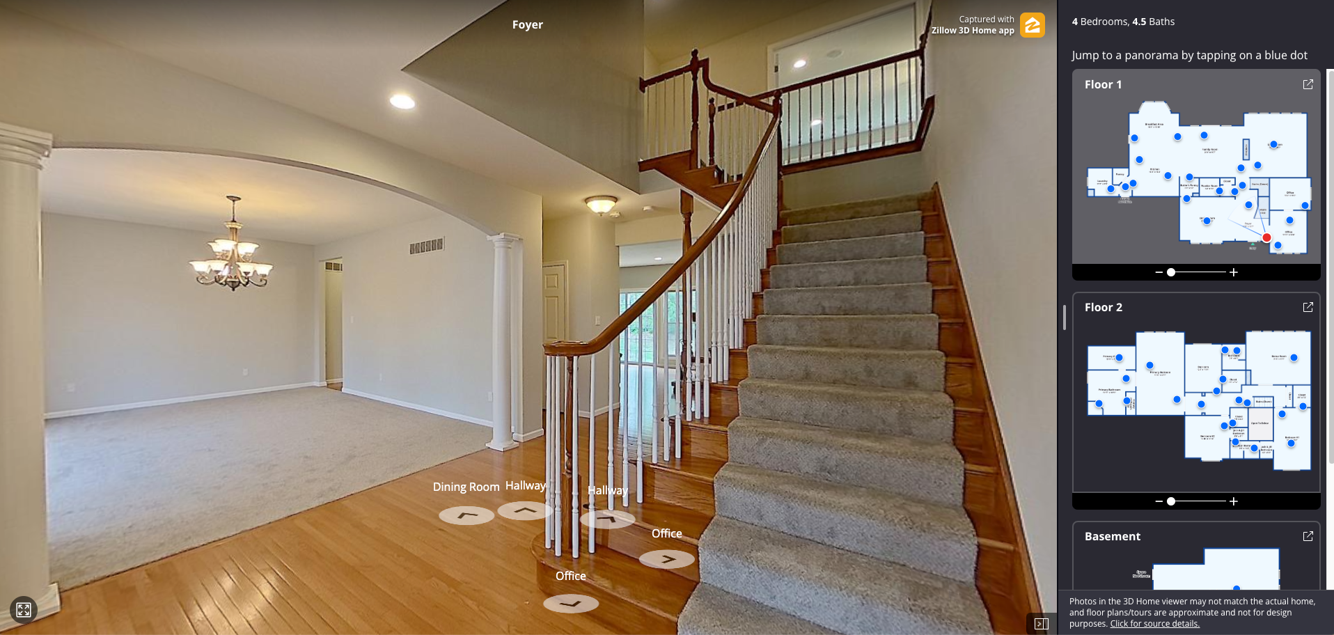 A virtual tour of an empty house with stairs leading up to the second floor.