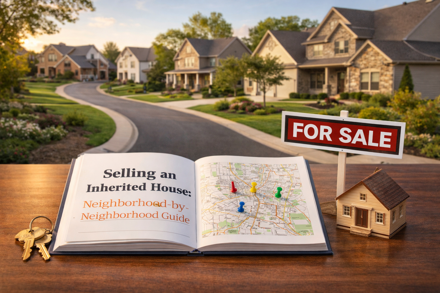 An open book about selling an inherited house, a model house, keys, and a 'For Sale' sign on a table before a suburb.