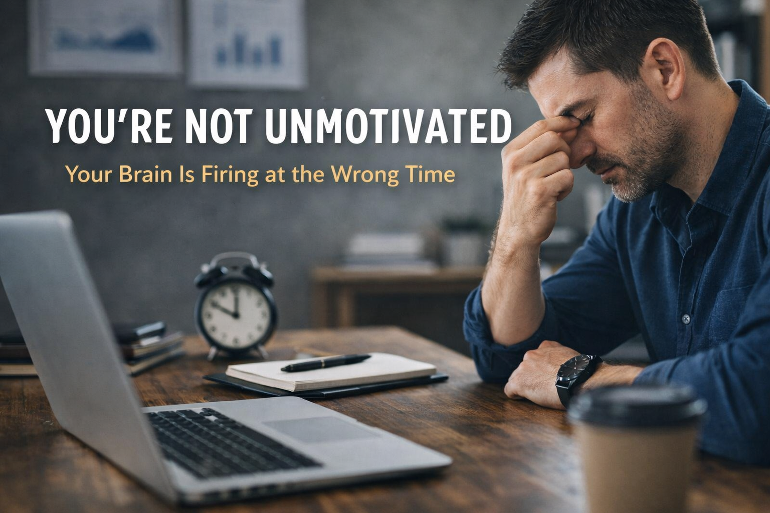 Man at desk with head in hand, laptop, alarm clock, and coffee cup. Text: