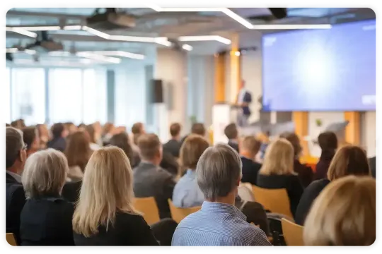 A group of people are sitting in a conference room watching a presentation.