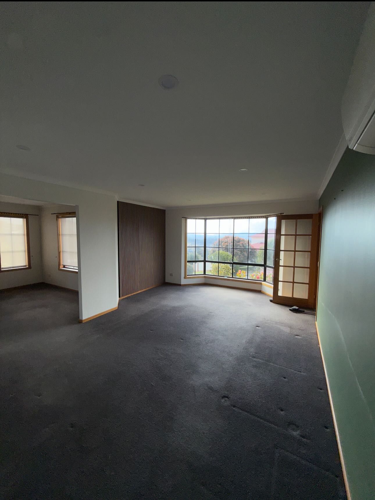 Empty living room with large windows, dark carpet, and a view of trees.