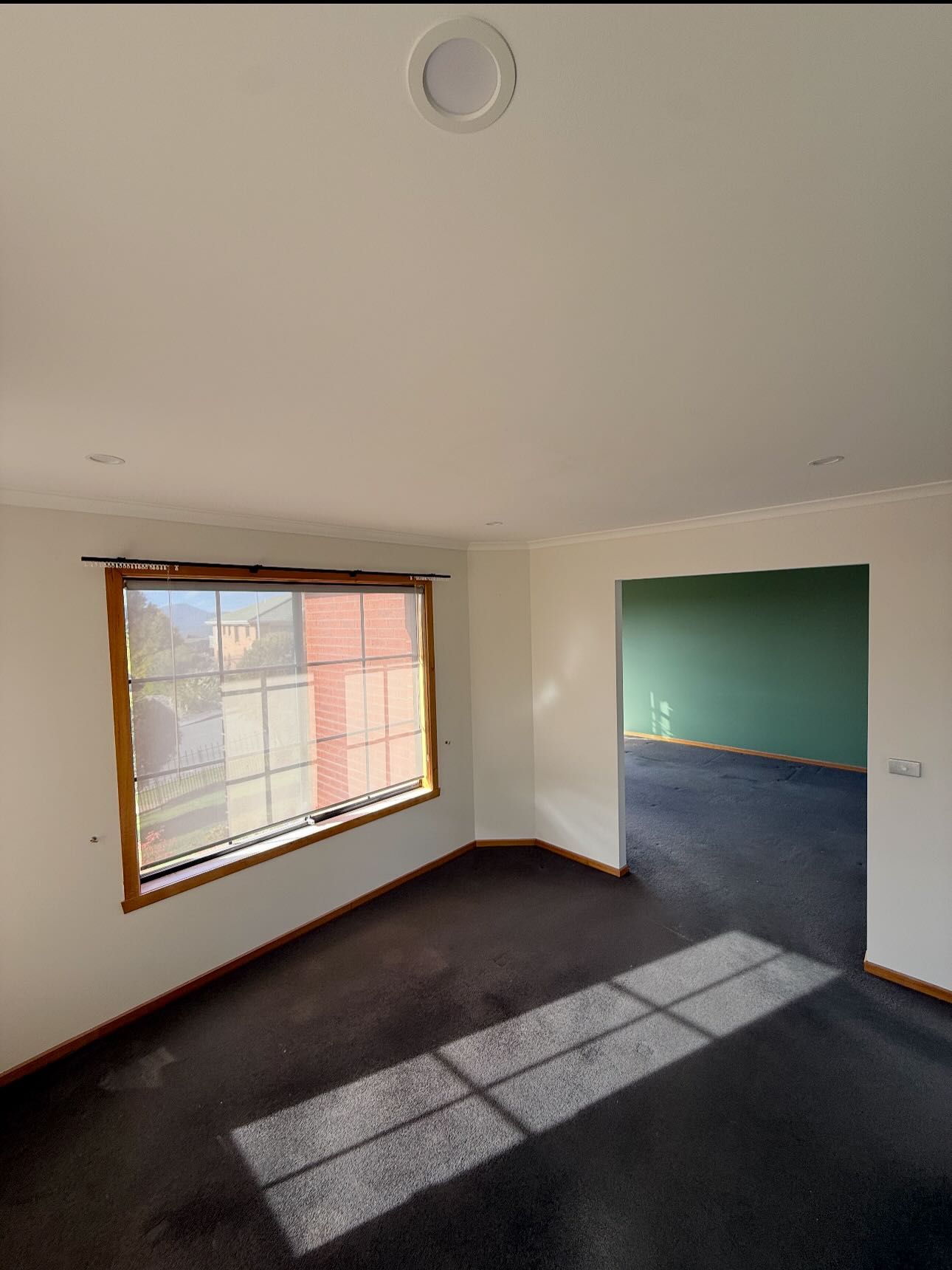 Empty room with window, sunlight on dark carpet, white walls, and doorway to a green room.