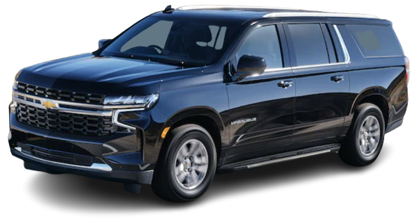 A black chevrolet suburban suv is shown on a white background.