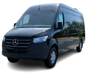A black mercedes van is shown on a white background