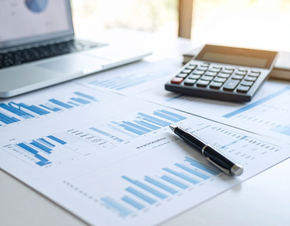 A pen is sitting on top of a piece of paper next to a calculator and a laptop.