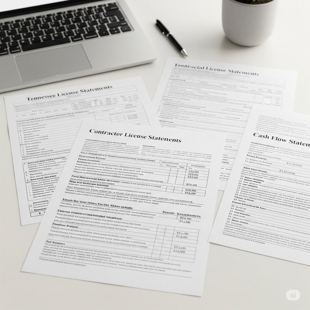 A Financial Statement papers on a table with a laptop and a pen