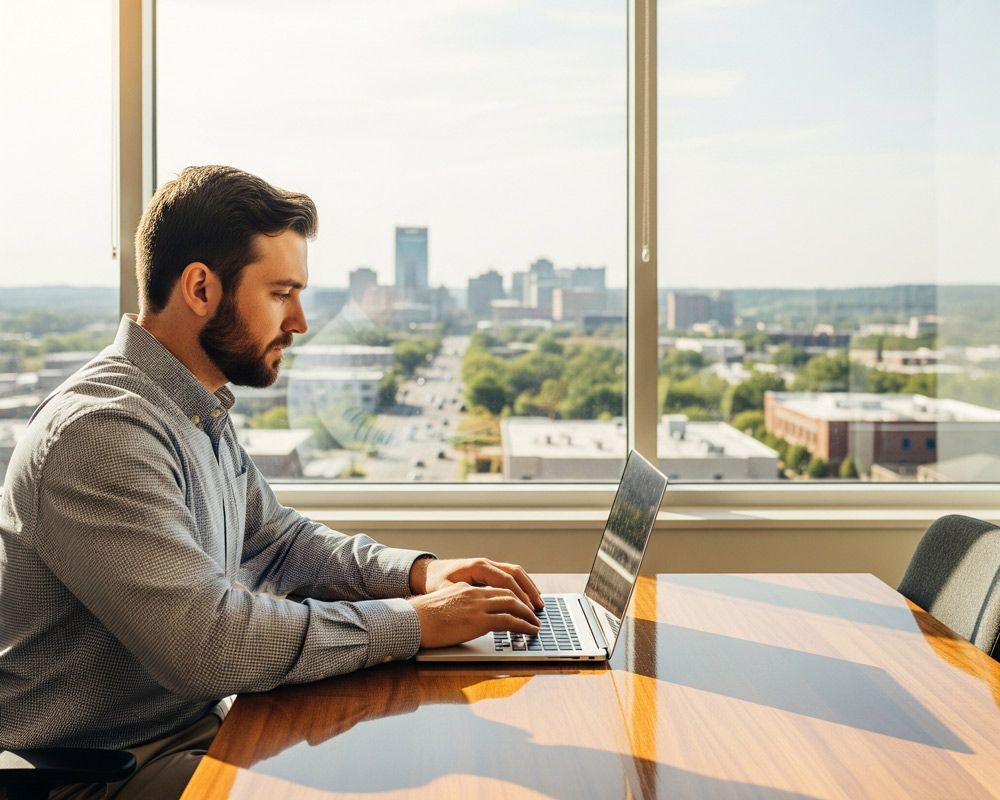 A man is sitting at a table using a laptop computer looking for a CPA in Murfreesboro, TN