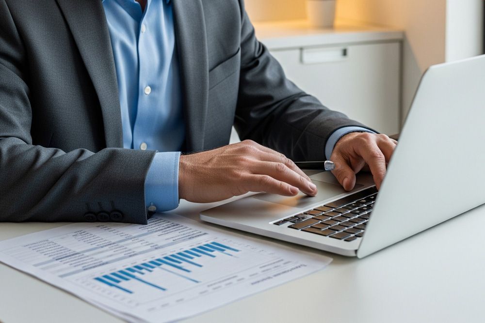 A board-compliant CPA in a suit is typing on a laptop computer.