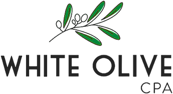 The logo for white olive cpa has a branch of olives on it.