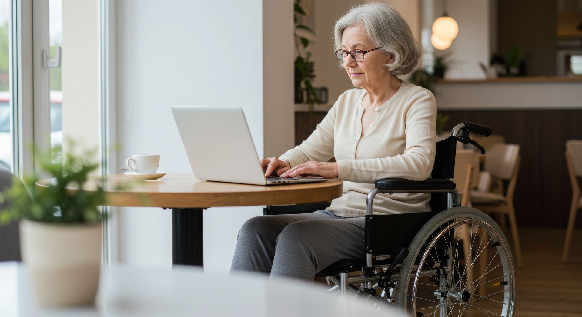 Woman in a wheelchair visiting her doctor's website