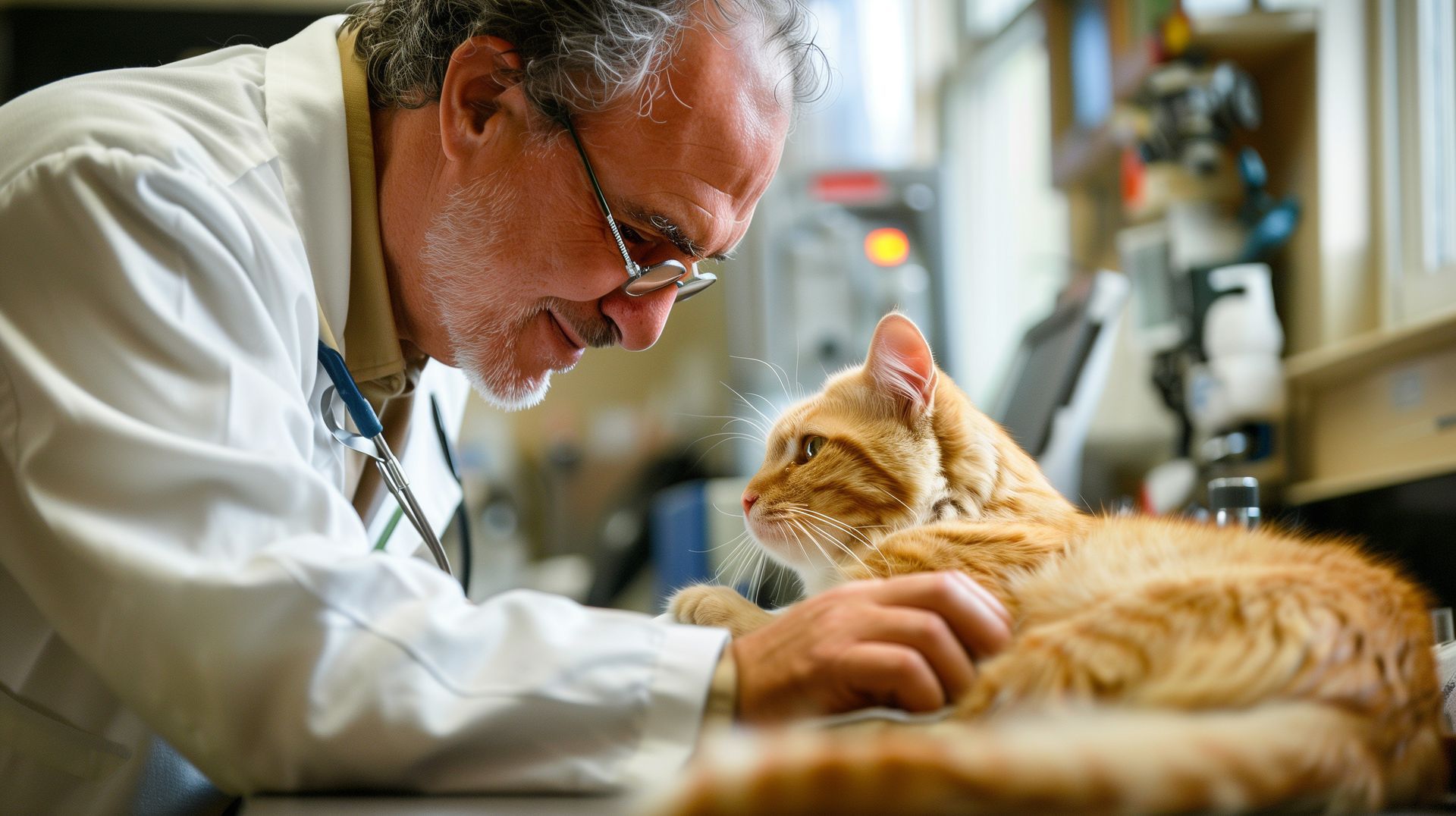 A man in a lab coat is petting an orange cat.