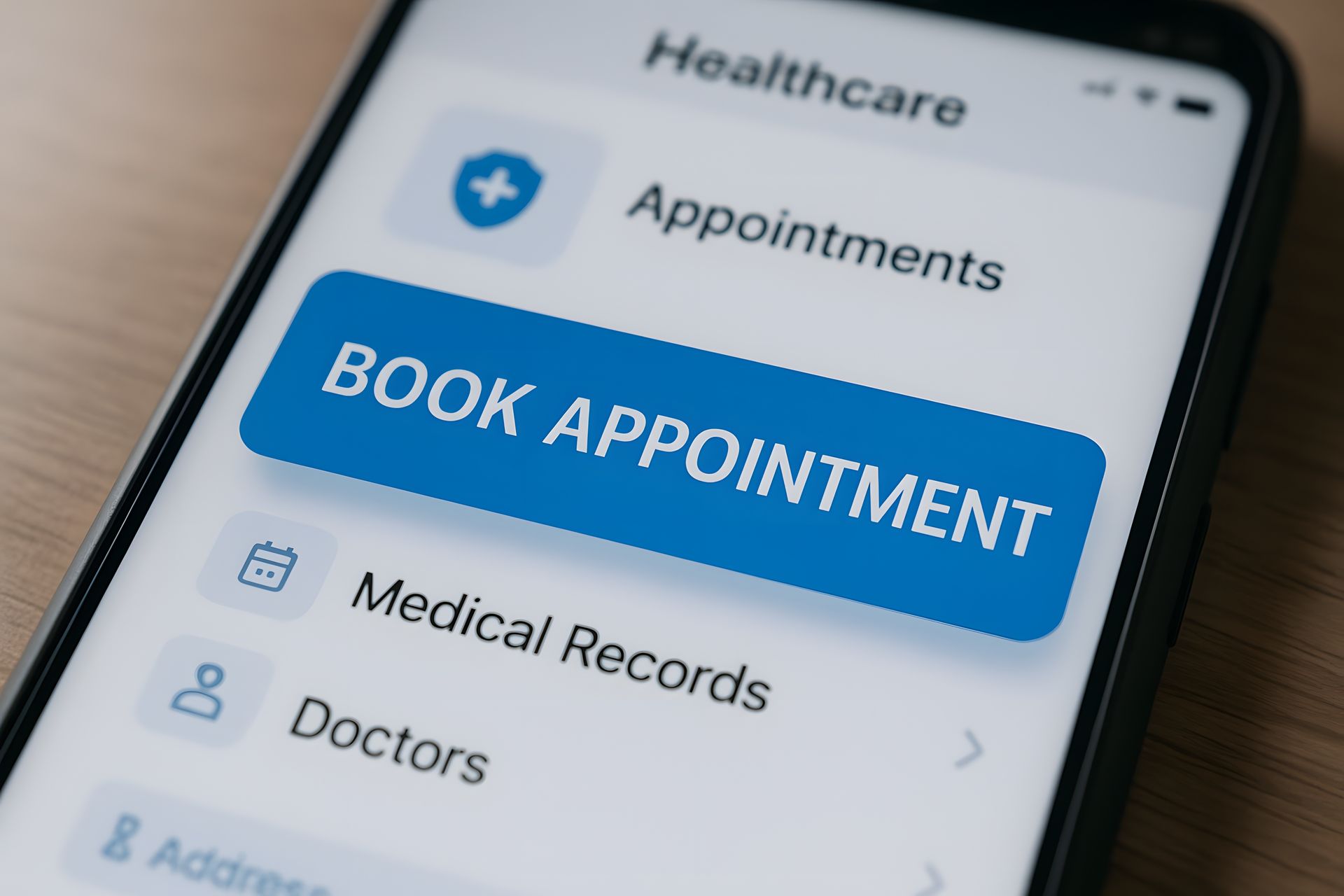 Mobile showing a healthcare app with book an appointment button