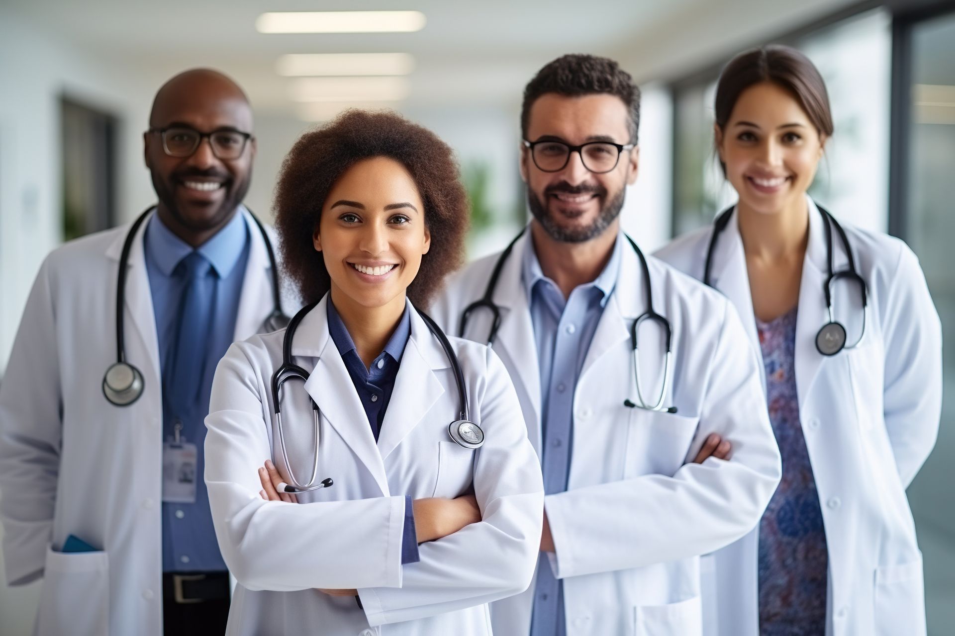 A group of doctors are posing for a picture in a hospital hallway.