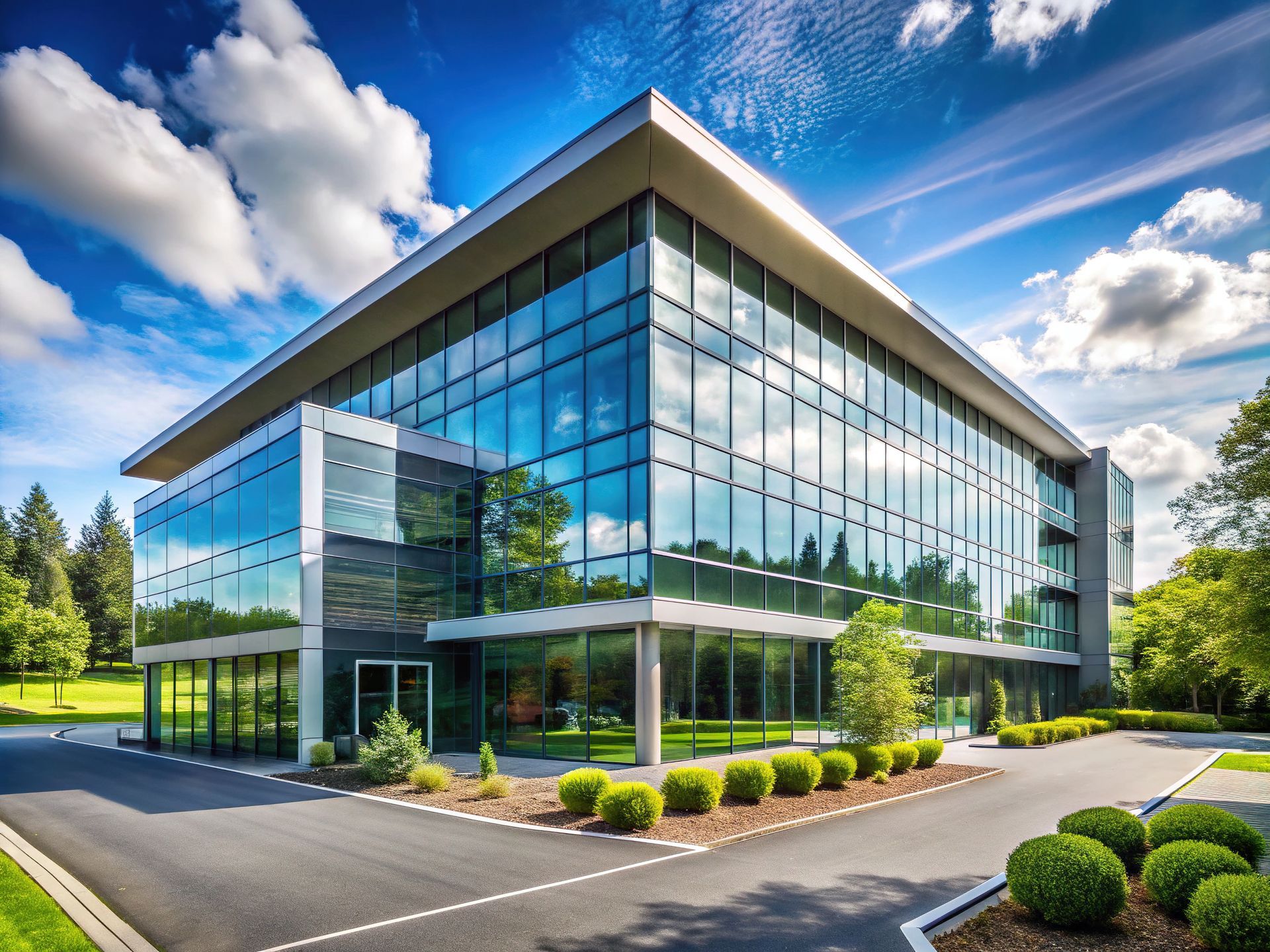A large modern office building with a lot of windows on a sunny day.